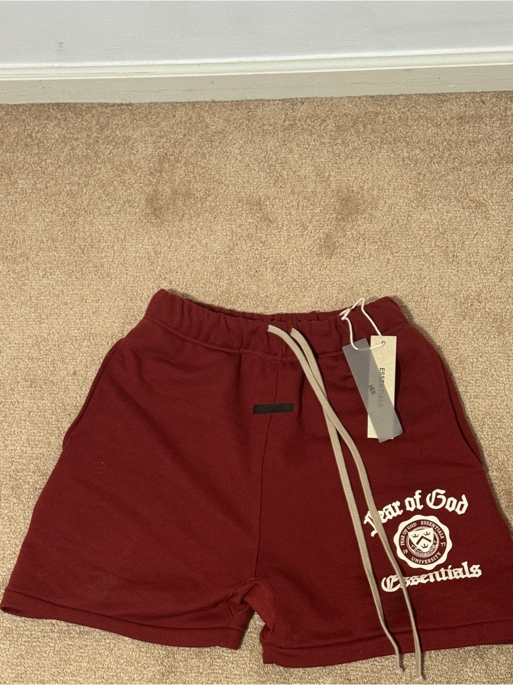 Fear of God Men's Burgundy Athletic Shorts with Cream Drawstrings